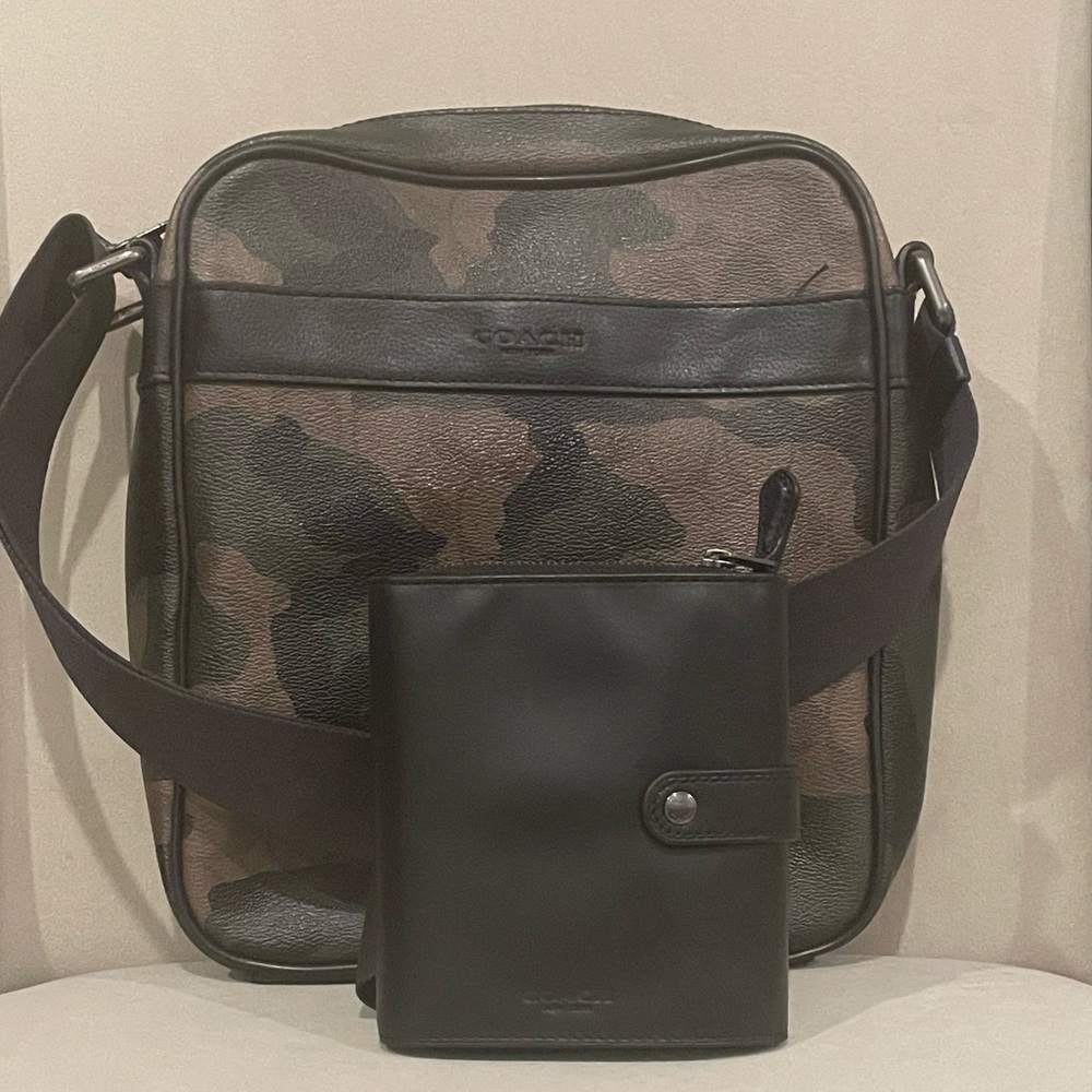 Used Leather Satchel Camoflauge Coach Bag with Unused Black Leather Wallet